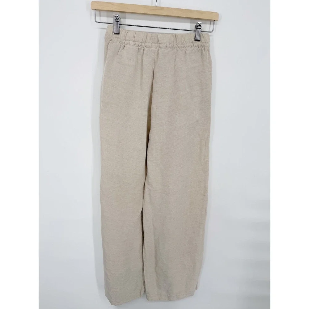H&M Linen Blend Wide Leg Pants Women XS Tan Drawstring Elastic Waistband